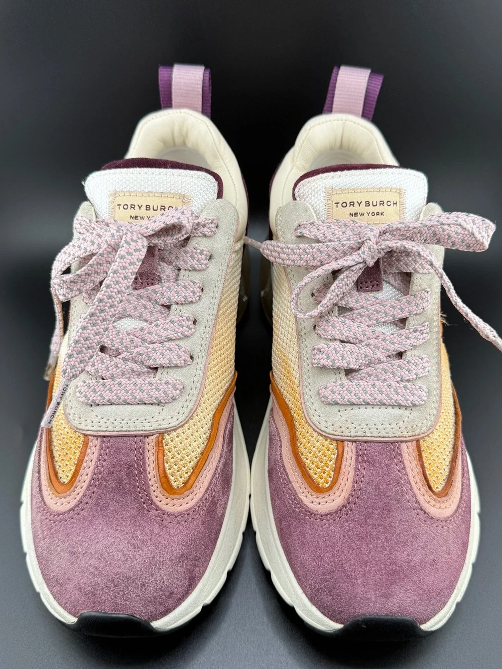Tory Burch Good Luck Bubble Trainer Suede Sneakers Cream Arancio Purple Size 6